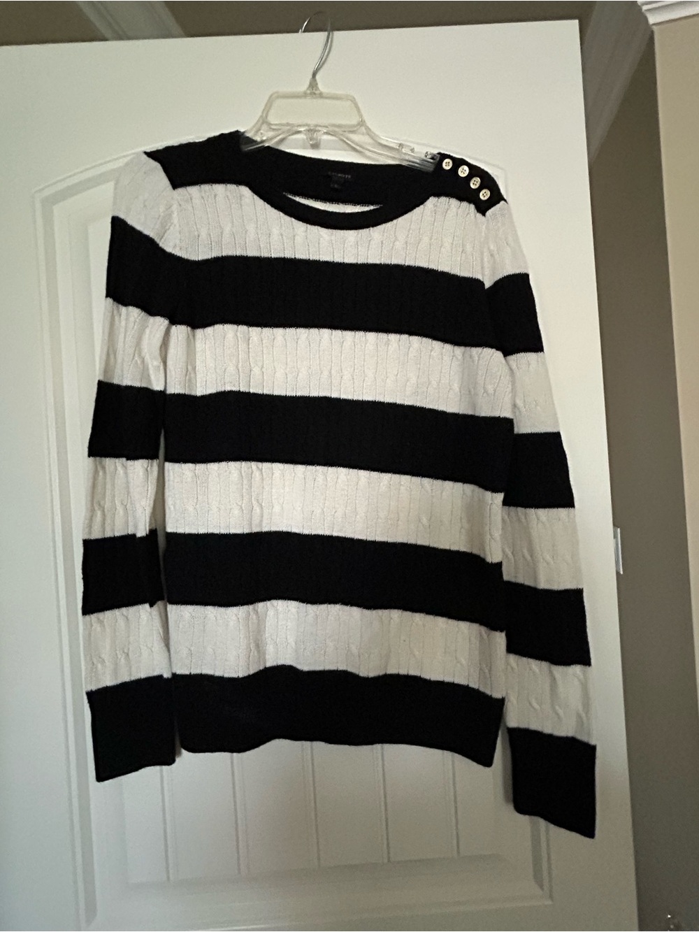 Talbots Black and White Striped Cable-Knit Sweater with Shoulder Buttons
